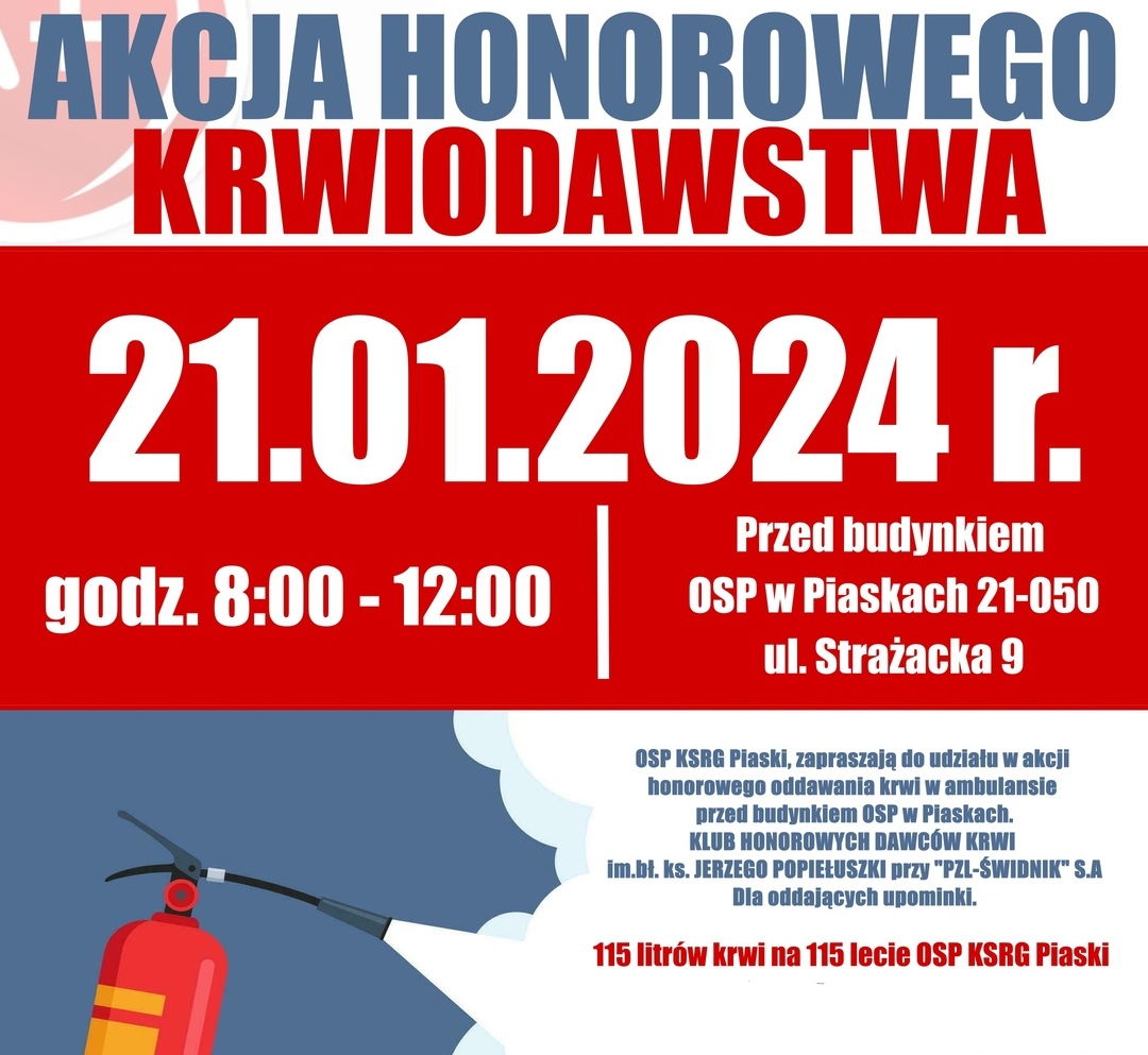 oddaj krew 21 stycznia 2024r. w piaskach koło remizy strażackiej